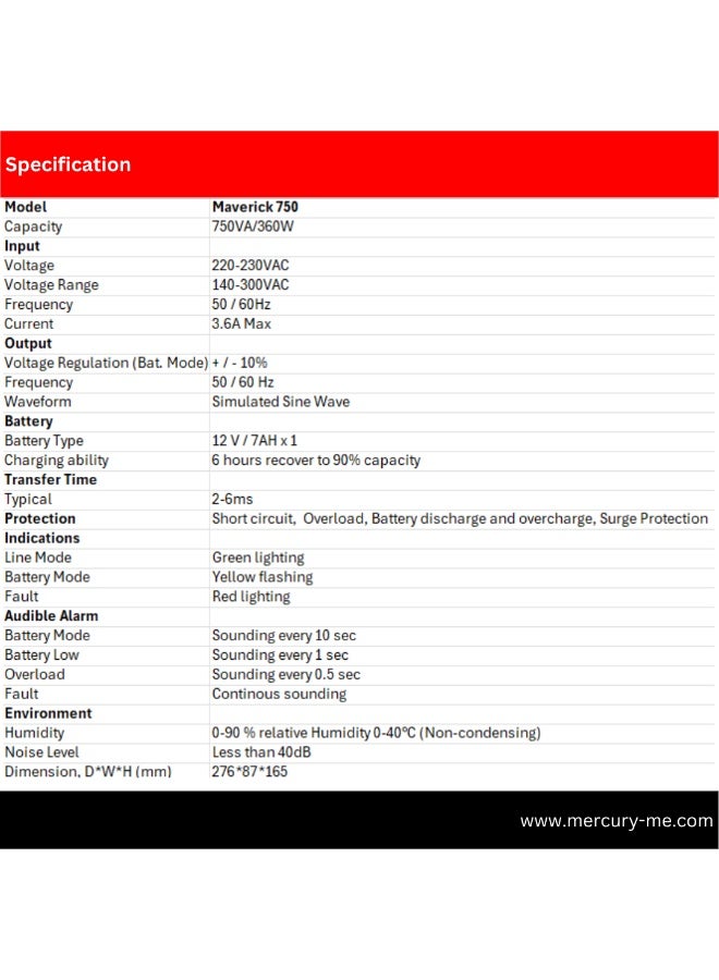 ميركيري جهاز تزويد الطاقة غير المنقطع (UPS) من ميركوري مافريك بقدرة 750 فولت أمبير/360 واط، يعمل دون اتصال بالإنترنت، مزود بشاشة LED، ومقبسين كهربائيين عالميين، وبطارية 7 أمبير/ساعة - Image 5